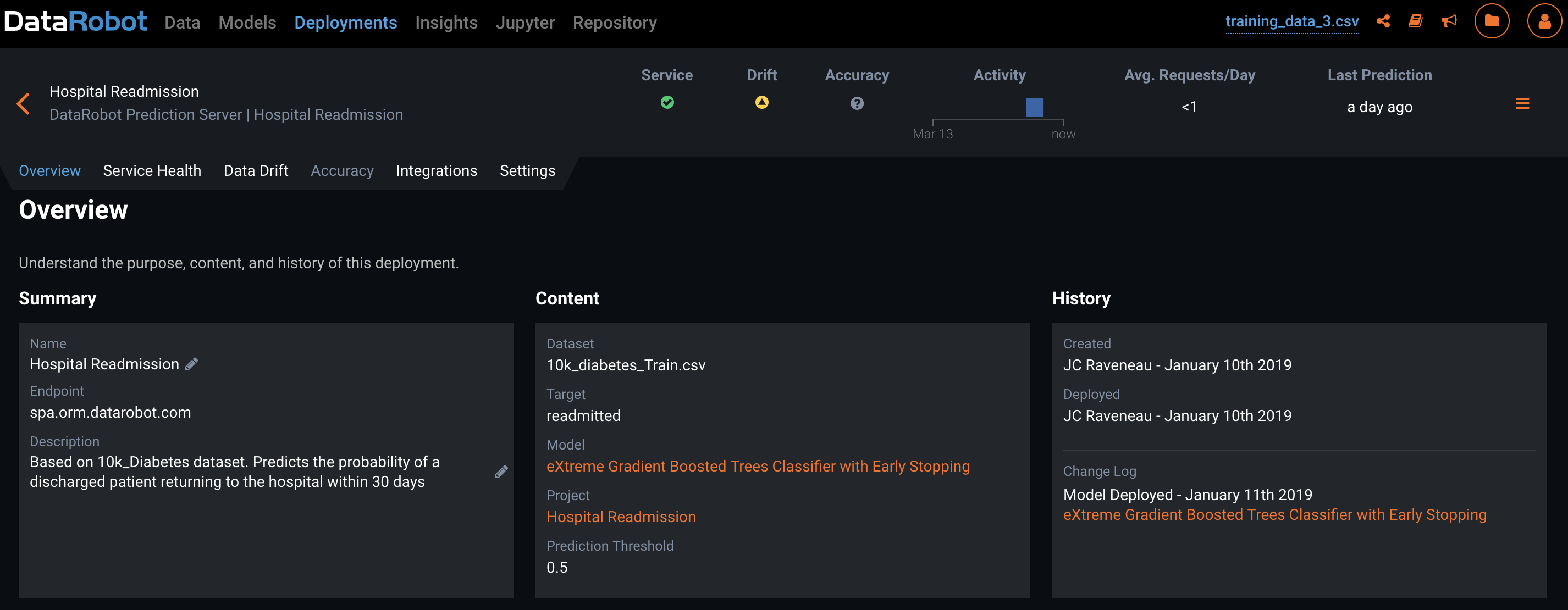 Datarobot store model deployment